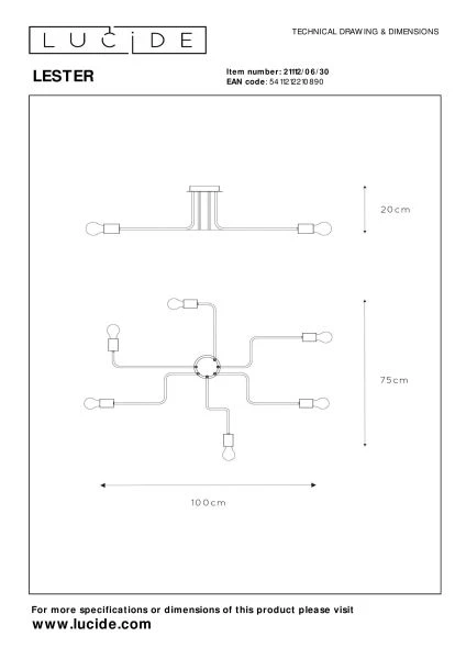 Lucide LESTER - Flush ceiling light - 6xE27 - Black - technical